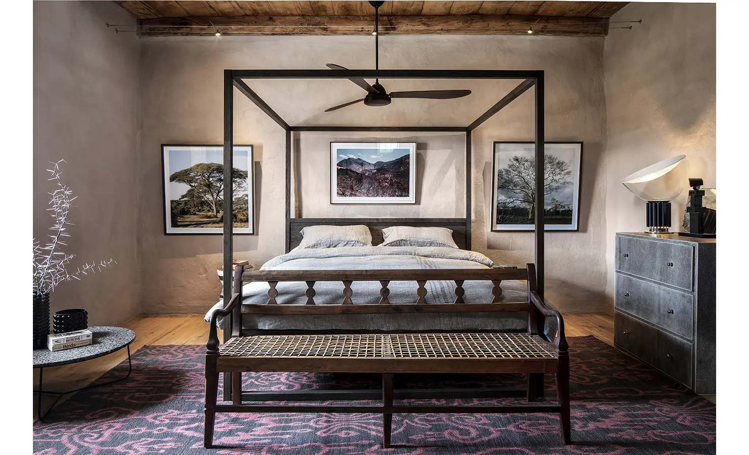 Perfect Hideaways: Serene main bedroom with canopy bed, woven bench and landscape photography, Ladismith, Buffelsdrift