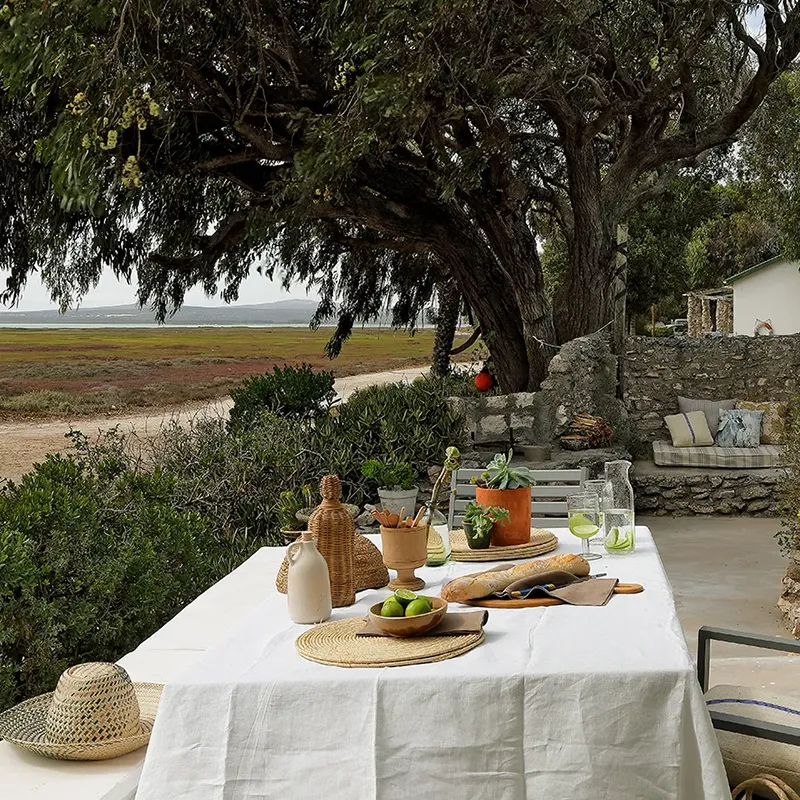 Perfect Hideaways – An inviting outdoor dining scene set on a rustic patio overlooking a serene landscape of coastal marshland and distant water. A long table draped in a white cloth is arranged with natural, earthy décor: woven placemats, a wicker-covered bottle, a ceramic jug, a wooden bowl of fresh green limes, a loaf of bread on a wooden board, and potted succulents. To the right, a cushioned stone bench nestles against an old textured wall, shaded by large trees. A straw sunhat rests at the table’s edge, while soft light filters through an open glass door in the foreground. The atmosphere feels calm, intimate, and closely connected to nature. Berit’s Cottage, Churchhaven, South Africa