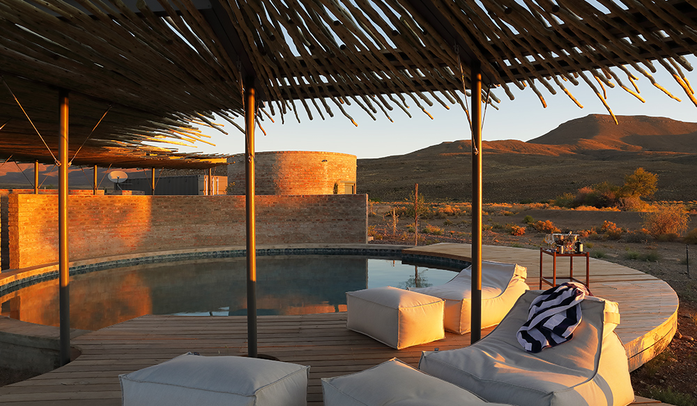 Reservoir-style swimming pool with latte roof. Perfect Hideaways, De Kruis, Tankwa Karoo, Northern Cape, South Africa.