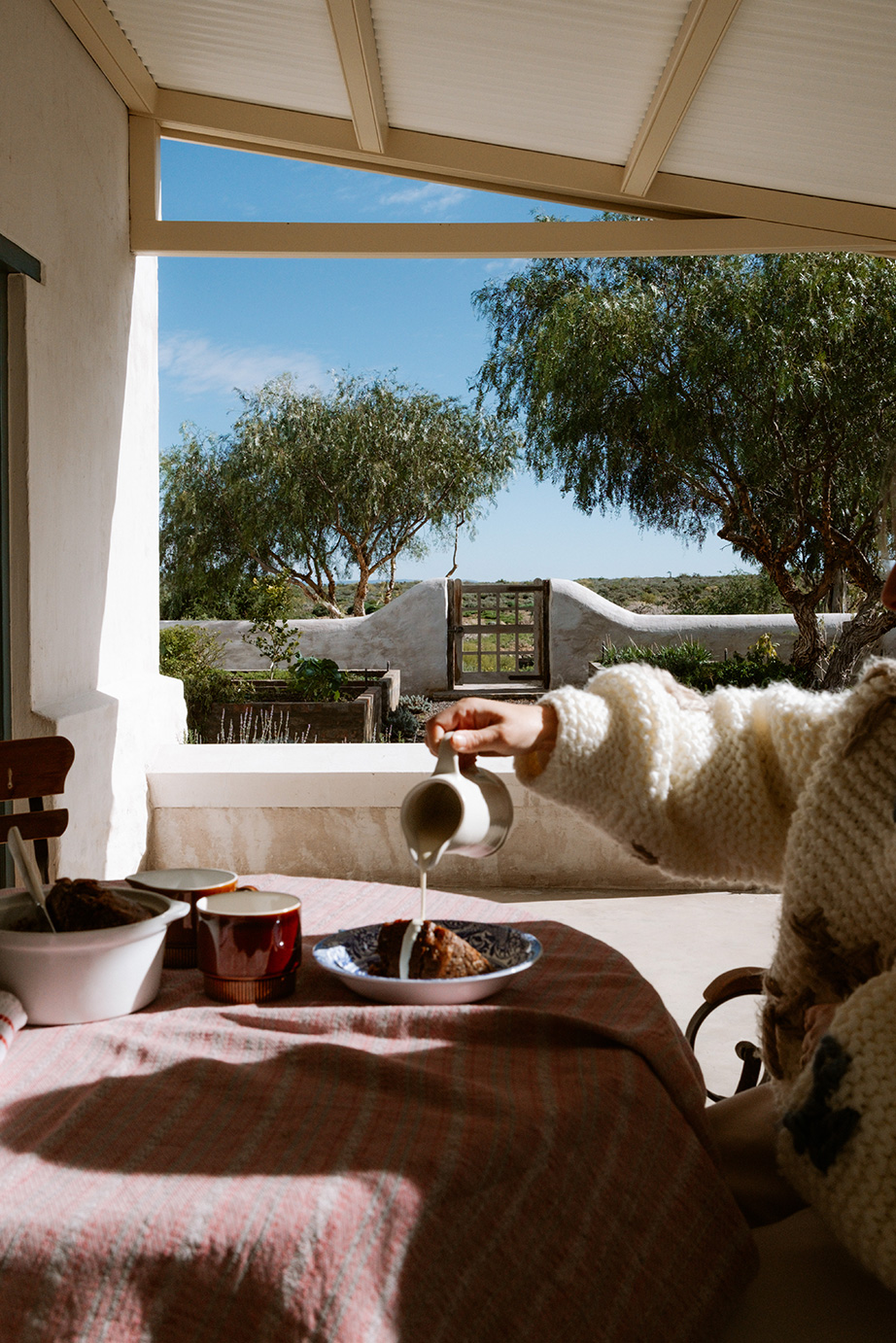 Winter soups, breakfast outdoors, farmhouse stoep. Perfect Hideaways, De Kruis, Tankwa Karoo, Northern Cape, South Africa.