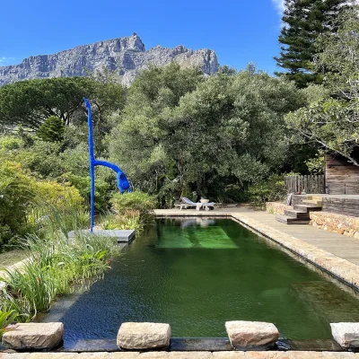 Natural swimming pool surrounded by a wooden deck and olive trees with an Yves Klein Blue artist-proof Bowie Dancer inspired statue, and facing magnificent views of Table Mountain. Villa Toscana.