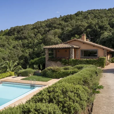 In front of a forested slope lies Villa Sunshine with classic terracotta roofing and a protected outdoor terrace that looks onto the luscious, green garden and sparkling, blue pool.