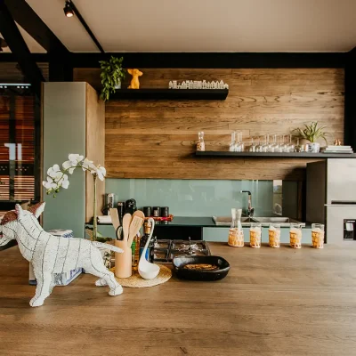 Wooden kitchen island facing a turquoise glass wall with wooden cladding. The View.