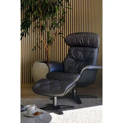 A sleek, reclining leather armchair that sits in front of a contemporary, striped wall with a luscious indoor pot plant in the background.