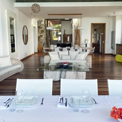 Open plan living space with a contemporary lounge and dining room containing decorative mirrors and wooden panels on white washed walls.