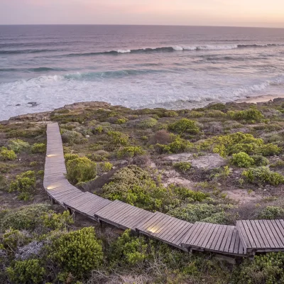 Extended wooden staircase through coastal vegetation connecting Lekkerwater Beach Lodge to to the beach.