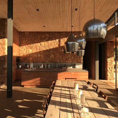 Natural hues of browns reflecting throughout Witklipfontein eco lodge dining space with impressive stone walls, natural epoxy floors, a large wooden table and a simple kitchen with sleek wooden cabinets and cement counters, and decorated with large silver hanging lights that are enhanced by the natural flood of light from the large glass sliding doors.