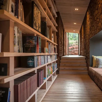 Reading nook with wooden bookshelves and a large bay window that looks out onto the Witklipfontein eco lodge wild garden.