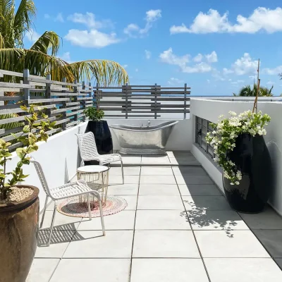 Private terrace with an outdoor steel victorian styled bath and bougainvillea pot plants.