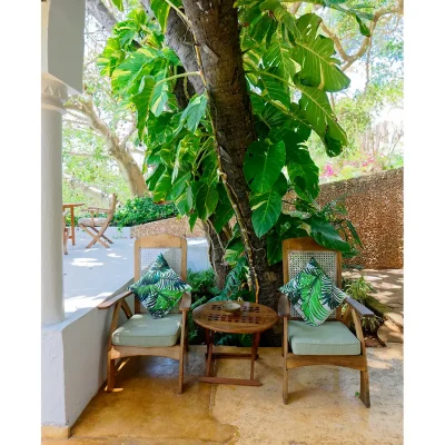 Two wicker armchairs positioned under a tree at Peponi Hotel.