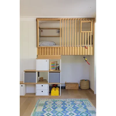 Children's bedroom with a wooden bunkbed and built in drawers. Oasis On Glen.