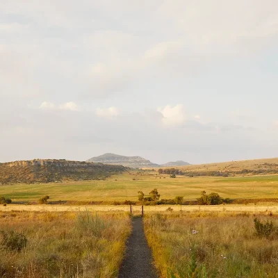 Breathtaking views of the Herenberg farm with golden, grass plains and distant mountain ranges.