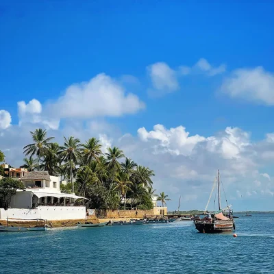 Peponi Hotel standing out amidst the cluster of palm trees that border the Indian Ocean with a passing dhow.